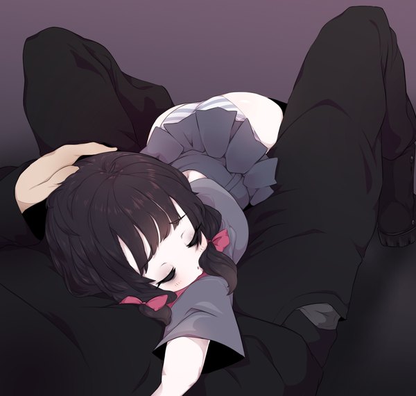 Anime picture 2271x2160 with original proofmeh fringe highres short hair light erotic black hair simple background twintails ass eyes closed loli short twintails sleeping head out of frame between legs purple background girl on top hand on another's head headpat