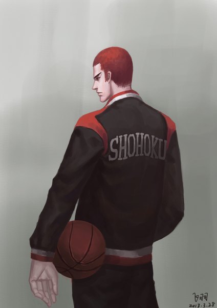 Anime picture 1000x1414 with slam dunk (series) sakuragi hanamichi piaoluo de fei yu single tall image short hair simple background brown eyes signed red hair from behind grey background basketball boy basketball ball