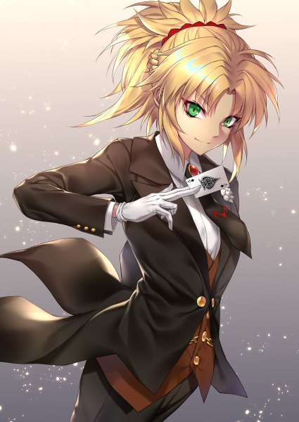 Anime picture 1700x2400 with fate (series) fate/grand order mordred (fate) nasaniliu single tall image looking at viewer fringe short hair simple background blonde hair smile standing holding green eyes payot ponytail braid (braids) long sleeves gradient background
