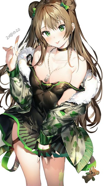 Anime picture 1163x2048 with girls frontline rfb (girls frontline) umibouzu (niito) single long hair tall image looking at viewer blush fringe breasts light erotic simple background hair between eyes brown hair standing white background bare shoulders green eyes cleavage head tilt