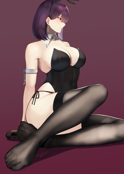 Anime picture 2381x3340 with original hayabusa single tall image blush fringe highres short hair breasts light erotic simple background hair between eyes red eyes brown hair large breasts sitting bare shoulders signed animal ears looking away