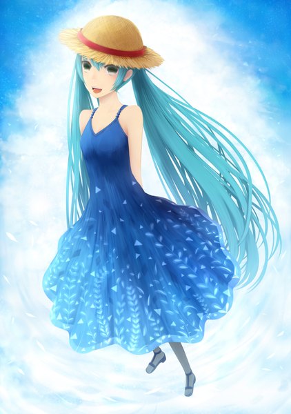 Anime picture 1406x2000 with vocaloid hatsune miku bounin single long hair tall image open mouth twintails black eyes aqua hair girl hat sundress straw hat