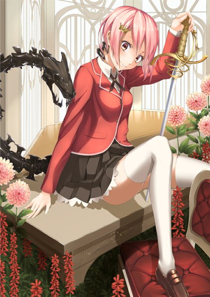 Anime picture 727x1029 with original hyp single tall image fringe short hair breasts sitting holding pink hair looking down girl thighhighs uniform hair ornament flower (flowers) weapon plant (plants) school uniform white thighhighs