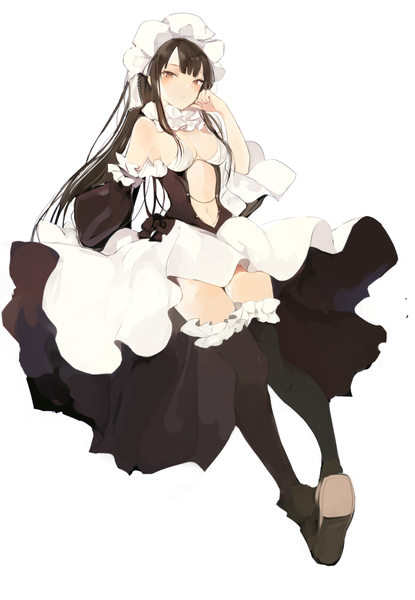 Anime picture 700x1011 with original lpip single long hair tall image looking at viewer blush breasts light erotic simple background brown hair white background brown eyes cleavage full body wide sleeves maid zettai ryouiki soles expressionless