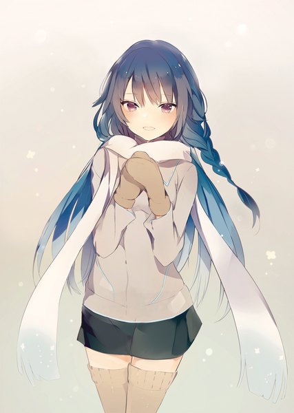 Anime picture 650x914 with original lpip single long hair tall image looking at viewer blush fringe open mouth smile red eyes standing payot blue hair braid (braids) :d grey background zettai ryouiki gradient background floating hair