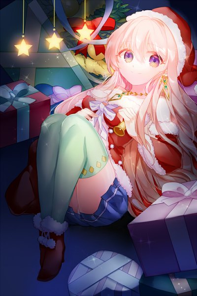 Anime picture 700x1050 with original toast (artist) single long hair tall image looking at viewer light erotic smile purple eyes bare shoulders pink hair fur trim christmas girl thighhighs skirt detached sleeves earrings star (symbol) fur