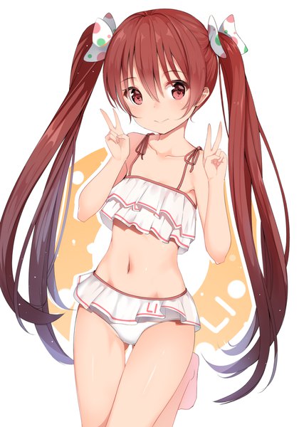 Anime picture 1240x1772 with kantai collection libeccio destroyer gin00 single long hair tall image looking at viewer fringe light erotic simple background smile hair between eyes brown hair standing white background twintails brown eyes bent knee (knees) barefoot thigh gap
