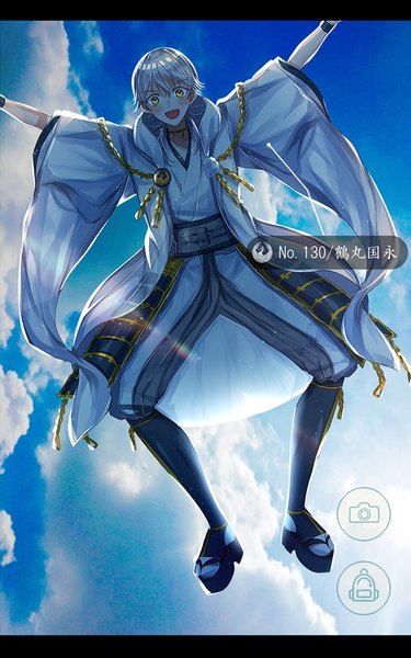 Anime picture 600x960 with pokemon touken ranbu pokemon (game) pokemon go nintendo nitroplus tsurumaru kuninaga abandon ranka single tall image looking at viewer blush short hair open mouth yellow eyes sky silver hair cloud (clouds) traditional clothes :d