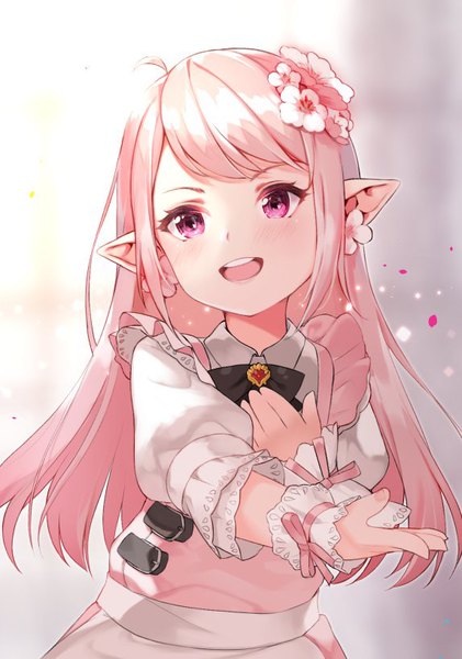 Anime picture 573x815 with final fantasy final fantasy xiv square enix lalafell hoshi usagi single long hair tall image blush fringe open mouth simple background standing payot looking away upper body ahoge pink eyes hair flower pointy ears