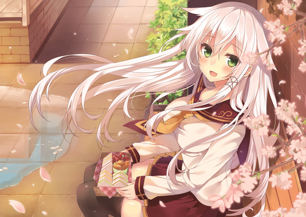 Anime picture 1665x1181 with original anceril sacred mishima kurone single long hair looking at viewer blush fringe breasts open mouth large breasts sitting green eyes pink hair outdoors white hair pleated skirt wind zettai ryouiki cherry blossoms