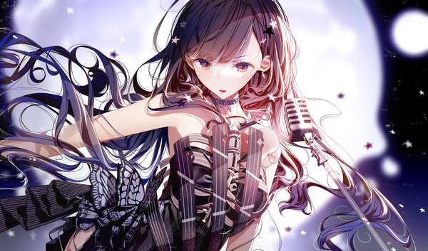Anime picture 1920x1128 with project sekai shiraishi an atha (leejuiping) single long hair looking at viewer fringe highres open mouth black hair wide image brown eyes upper body blunt bangs sparkle floating hair wavy hair girl dress hair ornament