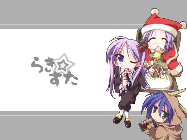 Anime picture 1024x768 with lucky star kyoto animation izumi konata hiiragi kagami hiiragi tsukasa christmas girl santa claus hat santa claus costume