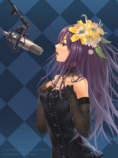 Anime picture 900x1200 with vocaloid tagme (character) catwyz single long hair tall image fringe breasts open mouth purple eyes bare shoulders purple hair profile hair flower rhombus singing girl hair ornament flower (flowers) detached sleeves