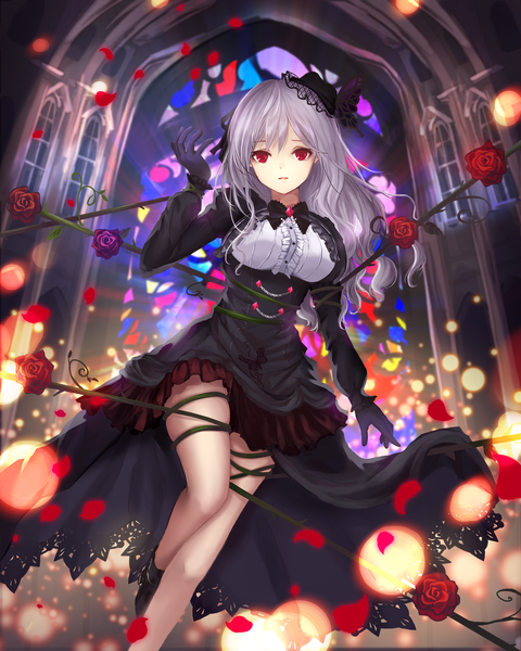 Anime picture 1200x1500 with idolmaster idolmaster cinderella girls kanzaki ranko muna pe single long hair tall image looking at viewer fringe breasts hair between eyes red eyes standing purple hair parted lips arm up eyebrows walking lolita fashion bondage