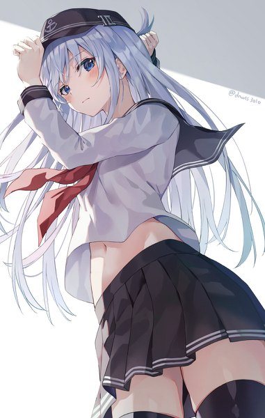 Anime picture 762x1200 with kantai collection hibiki destroyer huwari (dnwls3010) single long hair tall image looking at viewer blush fringe blue eyes simple background standing white background signed payot silver hair pleated skirt wind midriff zettai ryouiki