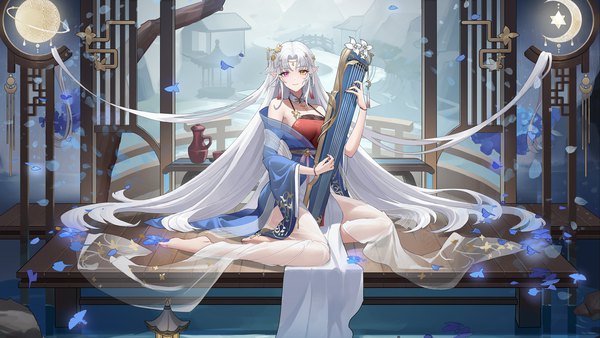 Anime picture 1920x1080 with original zuo600 single looking at viewer fringe highres breasts wide image large breasts sitting purple eyes holding yellow eyes payot full body bent knee (knees) white hair very long hair nail polish traditional clothes