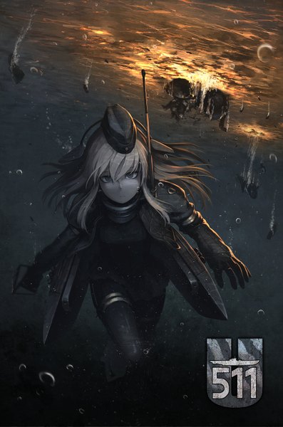 Anime picture 1028x1551 with kantai collection u-511 submarine hetza (hellshock) long hair tall image looking at viewer blonde hair grey eyes underwater swimming girl gloves uniform black gloves water elbow gloves bubble (bubbles) military uniform peaked cap