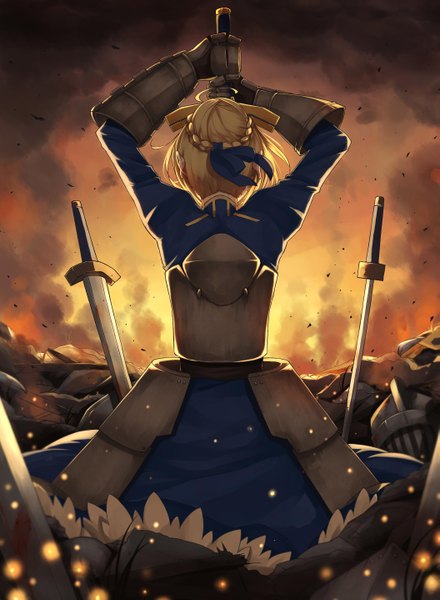 Anime picture 2110x2875 with fate (series) fate/stay night studio deen type-moon artoria pendragon (all) saber gkn levi single tall image highres holding from behind back smoke glow death girl dress ribbon (ribbons) weapon