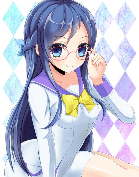 Anime picture 800x1018 with precure dokidoki! precure toei animation hishikawa rikka avy417 single long hair tall image looking at viewer blush blue eyes sitting holding blue hair looking away bent knee (knees) braid (braids) light smile checkered checkered background