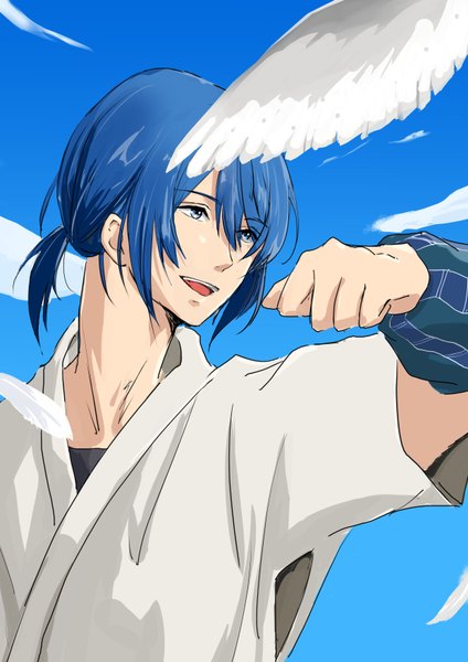 Anime picture 1240x1754 with tsurune: kazemai koukou kyuudoubu masaki takigawa izumi sd single tall image fringe short hair open mouth blue eyes smile hair between eyes blue hair looking away cloud (clouds) upper body outdoors traditional clothes :d japanese clothes arm up