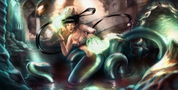 Anime picture 1280x650 with original audreydutroux single long hair black hair wide image bare shoulders green eyes ponytail tail very long hair magic glowing river rock girl navel water bracelet pendant