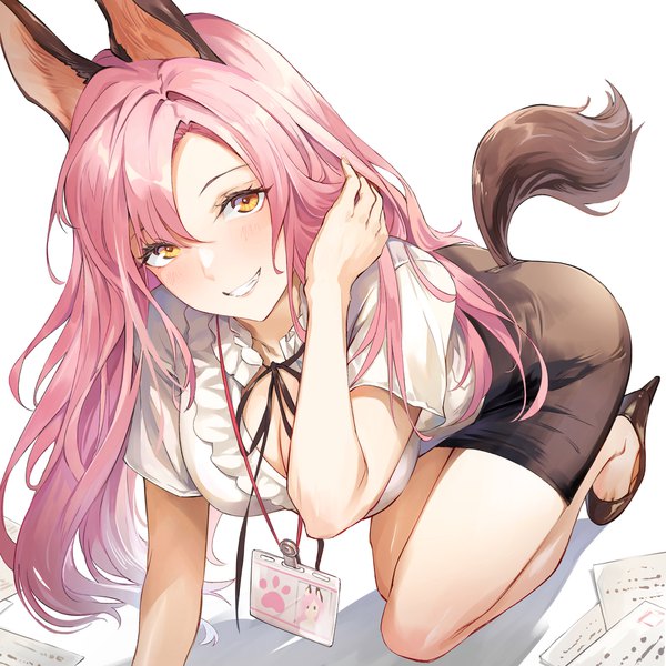 Anime picture 2000x2000 with original nr noir single long hair looking at viewer blush fringe highres breasts simple background smile hair between eyes white background animal ears yellow eyes pink hair cleavage tail head tilt animal tail