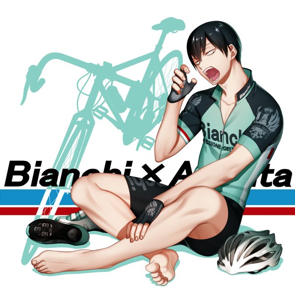 Anime picture 1000x1000 with yowamushi pedal bianchi (company) arakita yasutomo arkray single fringe short hair open mouth black hair white background sitting looking away full body barefoot fingernails teeth crossed legs open collar indian style shoes removed