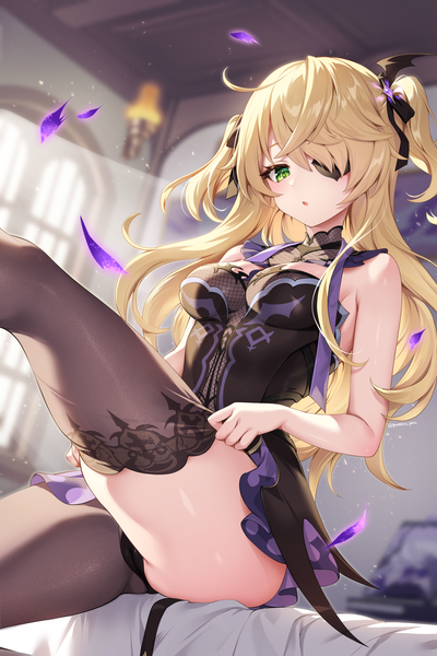 Anime picture 1680x2520 with genshin impact fischl (genshin impact) gomashio ponz single long hair tall image looking at viewer blush fringe breasts open mouth light erotic blonde hair hair between eyes sitting bare shoulders green eyes indoors blurry two side up