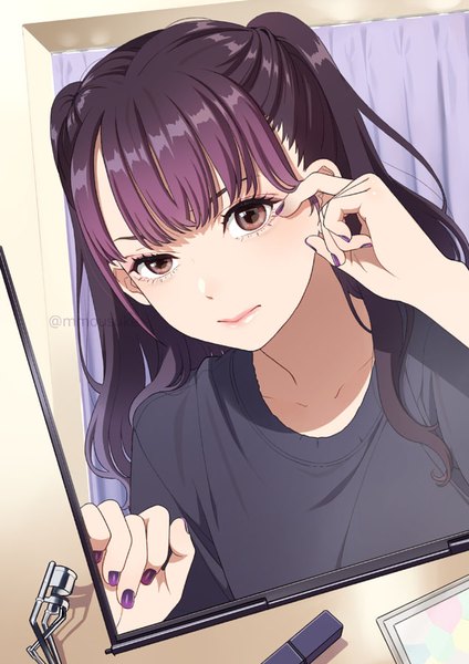 Anime picture 636x900 with original mattaku mousuke single long hair tall image looking at viewer blush fringe brown eyes signed purple hair upper body blunt bangs nail polish fingernails two side up twitter username reflection pov purple nail polish