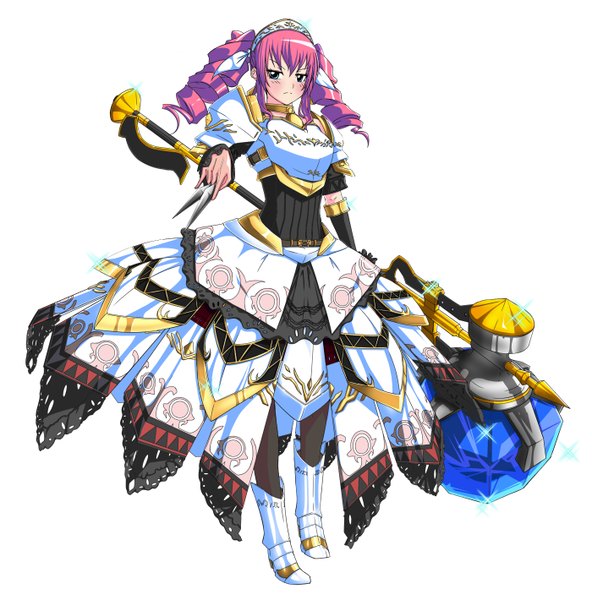 Anime picture 1400x1419 with monster hunter rearu (armor) nikupizzau single long hair tall image blush blue eyes white background twintails looking away pink hair girl boots armor huge weapon clothes