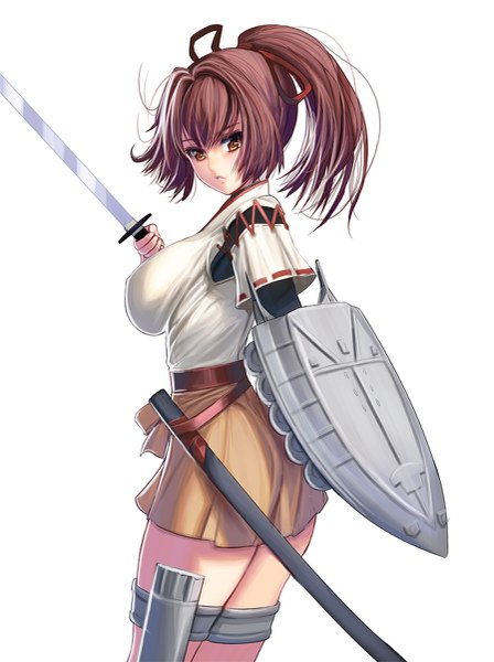 Anime picture 897x1200 with kantai collection ise battleship masao single long hair tall image looking at viewer fringe breasts light erotic simple background brown hair large breasts white background brown eyes ponytail looking back serious girl weapon