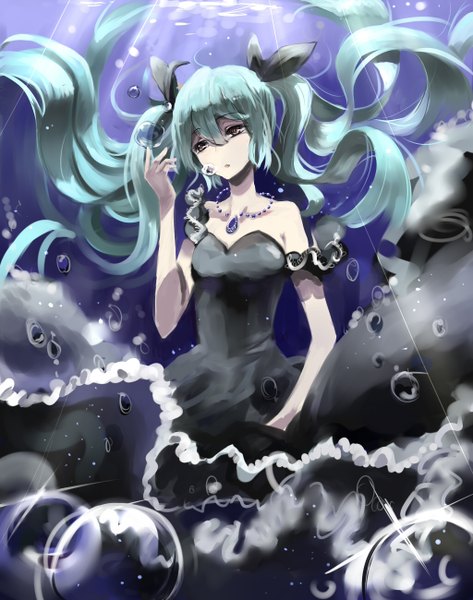 Anime picture 1024x1300 with vocaloid shinkai shoujo (vocaloid) hatsune miku single long hair tall image blush open mouth twintails bare shoulders black eyes aqua hair underwater girl dress hair ornament black dress jewelry bubble (bubbles)