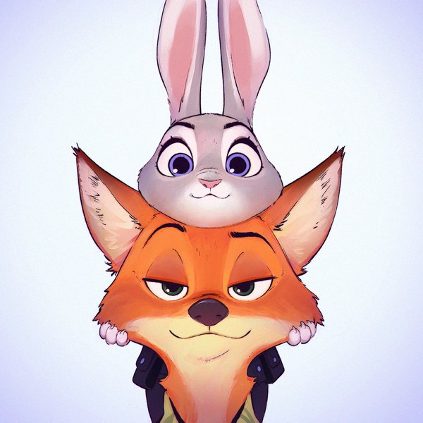Anime picture 1080x1080 with zootopia disney judy hopps nick wilde ilya kuvshinov looking at viewer blue eyes simple background smile holding green eyes upper body portrait blue background eyebrows smirk animal fur bunny claws