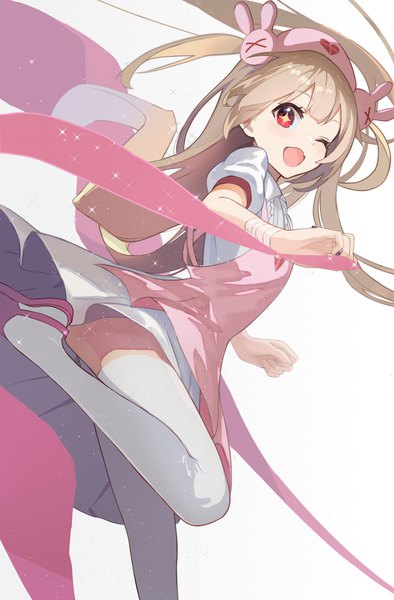Anime picture 1148x1748 with virtual youtuber sana channel natori sana shuuha arutsu single long hair tall image looking at viewer open mouth simple background blonde hair red eyes white background one eye closed wink sparkle two side up symbol-shaped pupils ;d nurse