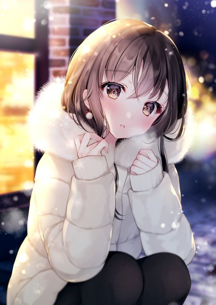 Anime picture 1157x1637 with original yugirlpict single long hair tall image looking at viewer blush fringe open mouth hair between eyes brown hair brown eyes outdoors long sleeves head tilt blurry :o depth of field fur trim winter