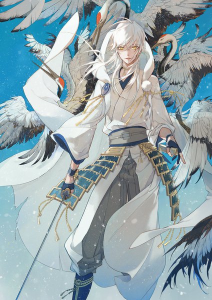 Anime picture 1500x2122 with touken ranbu nitroplus tsurumaru kuninaga qingfeng che long hair tall image looking at viewer holding yellow eyes white hair traditional clothes japanese clothes light smile wide sleeves torn clothes serious gloves weapon animal sword