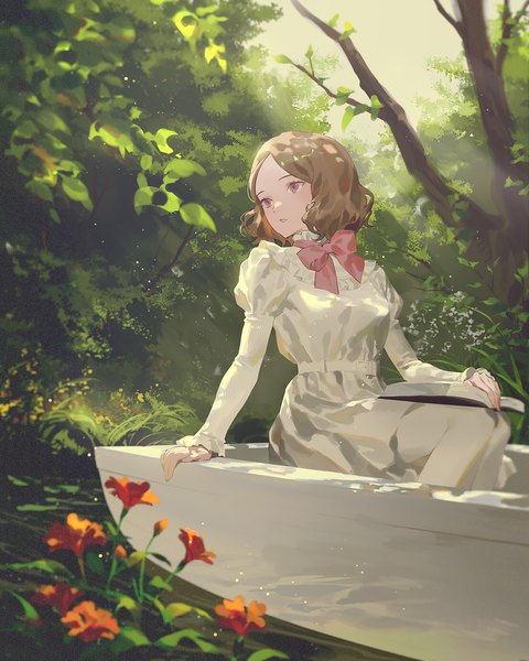 Anime picture 1200x1500 with persona 5 persona okumura haru fajyobore single tall image fringe short hair red eyes brown hair sitting looking away outdoors long sleeves parted lips sunlight blurry arm support puffy sleeves sunbeam