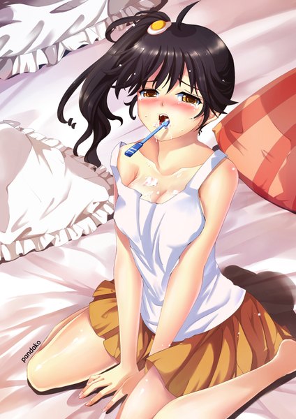 Anime picture 1100x1556 with nisemonogatari shaft (studio) monogatari (series) araragi karen pandako long hair tall image blush open mouth light erotic black hair yellow eyes ahoge ponytail tears side ponytail girl skirt hair ornament miniskirt