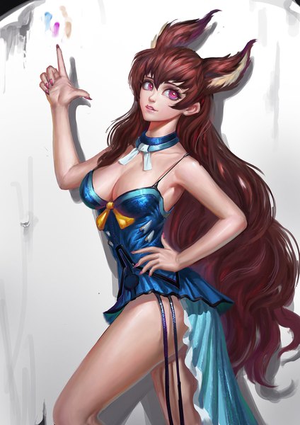 Anime picture 1273x1800 with solid-art single long hair tall image looking at viewer fringe breasts light erotic standing cleavage bent knee (knees) red hair nail polish pink eyes fingernails lips shadow hand on hip wavy hair girl