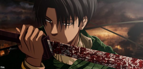 Anime picture 1656x795 with shingeki no kyojin production i.g levi (rivaille) futuretabs single short hair blue eyes black hair wide image sky cloud (clouds) coloring boy weapon sword katana blood