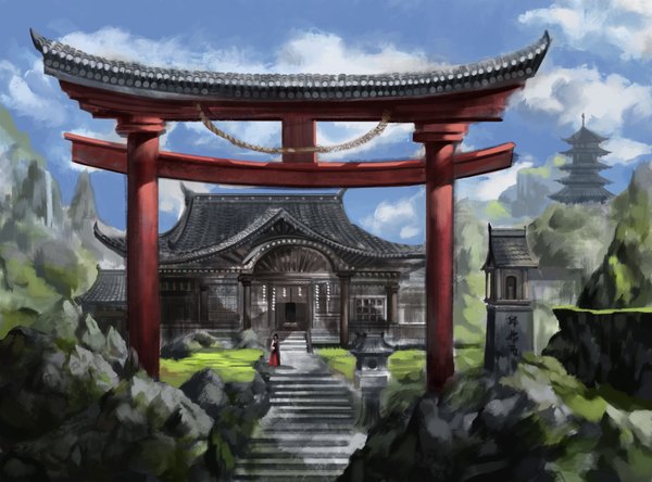 Anime picture 2066x1531 with original baka (mh6516620) single long hair highres black hair sky cloud (clouds) traditional clothes mountain miko girl stairs torii shrine