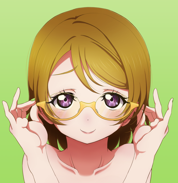 Anime picture 1203x1236 with love live! school idol project sunrise (studio) love live! koizumi hanayo satolive20 single tall image looking at viewer blush fringe short hair light erotic simple background smile brown hair purple eyes nail polish portrait green background adjusting glasses
