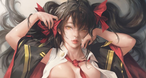 Anime picture 1920x1034 with girls frontline qbz-97 (girls frontline) g-tz single long hair looking at viewer fringe highres breasts light erotic black hair hair between eyes wide image twintails yellow eyes payot upper body lying parted lips lips