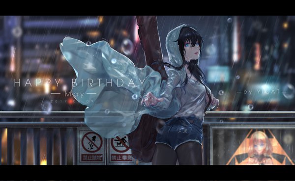 Anime-Bild 6655x4093 mit original yi cat single long hair looking at viewer fringe highres breasts open mouth blue eyes black hair hair between eyes wide image signed absurdres outdoors looking back lips from behind blurry