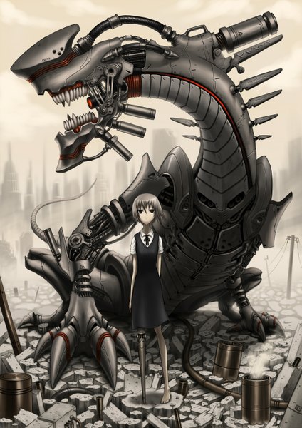 Anime picture 1000x1414 with original gia tall image short hair red eyes silver hair mechanical mechanical parts post-apocalyptic futuristic girl dragon