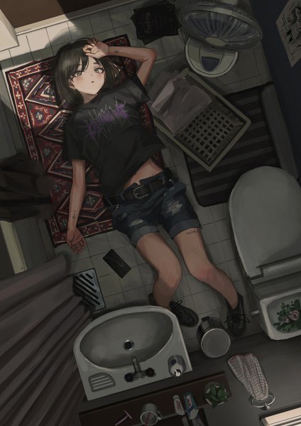 Anime picture 2808x3976 with original nadegata single tall image looking at viewer fringe highres short hair open mouth black hair hair between eyes yellow eyes lying arm up from above short sleeves on back tattoo hand on head revision