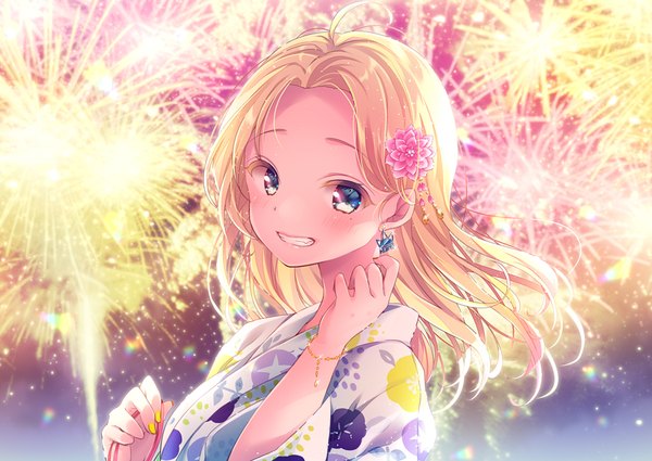 Anime picture 900x637 with original huion nemuri nemu single long hair looking at viewer blush blue eyes blonde hair smile upper body ahoge outdoors nail polish traditional clothes japanese clothes mole mole under eye grin fireworks