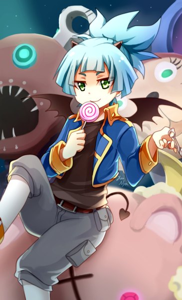 Anime picture 661x1086 with yu-gi-oh! yu-gi-oh! arc-v shiunin sora tada nya single tall image looking at viewer fringe short hair smile holding green eyes blue hair looking away bent knee (knees) ponytail tail horn (horns) glowing eyebrows