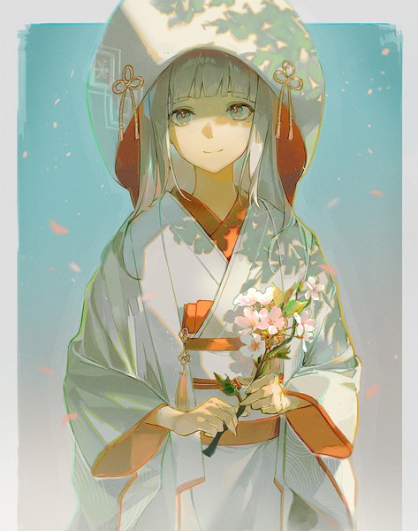 Anime picture 900x1142 with genshin impact kamisato ayaka cha chya single long hair tall image fringe smile silver hair upper body blunt bangs traditional clothes japanese clothes mole alternate costume mole under eye cherry blossoms border outside border silver eyes