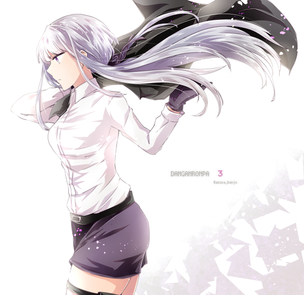 Anime picture 800x777 with dangan ronpa danganronpa 3 kirigiri kyouko banjou azusa single long hair blush fringe simple background white background purple eyes signed payot looking away silver hair blunt bangs profile wind inscription copyright name